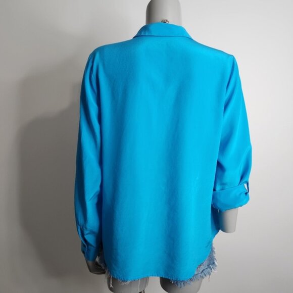 Ann Taylor Blue Silk Long Sleeve Button Down Roll Tab Blouse Size M - Picture 7 of 13